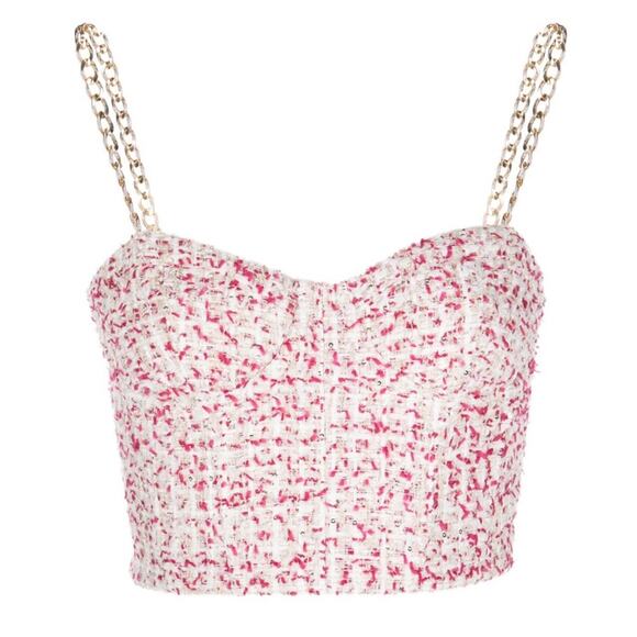 NEW Alice + Olivia Cristi Chain Tweed Crop Top Bustier Pink White US 14 $295 - Picture 5 of 12